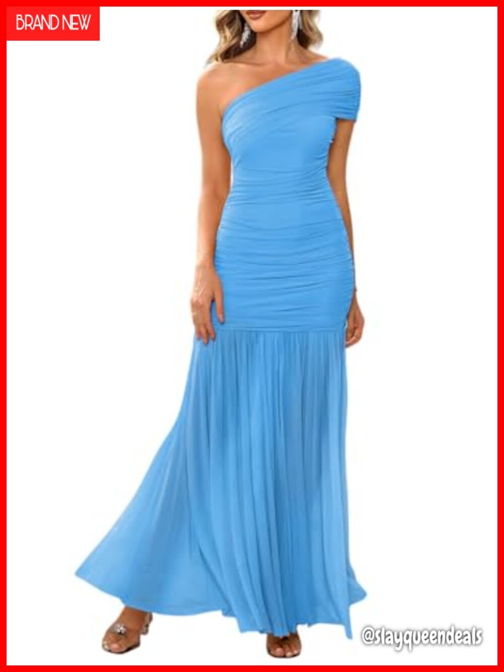 One Shoulder Sleeveless Maxi Dress Mesh Ruched Formal Evening Long Gown